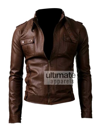 Slim Fit Strap Pocket Brown Leather Jacket