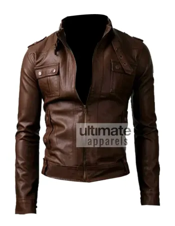 Slim Fit Strap Pocket Brown Leather Jacket