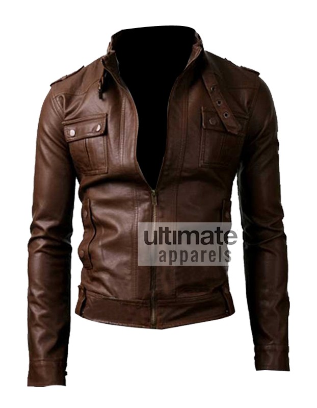 Slim Fit Strap Pocket Brown Leather Jacket