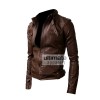 Slim Fit Strap Pocket Brown Leather Jacket