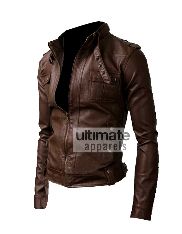 Slim Fit Strap Pocket Brown Leather Jacket