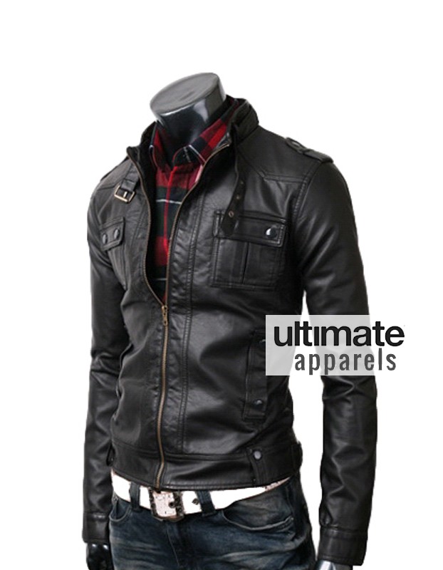 Slim Fit Men's Strap Pocket Real Black Leather Jacket