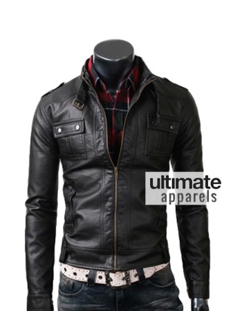 Slim Fit Men's Strap Pocket Real Black Leather Jacket
