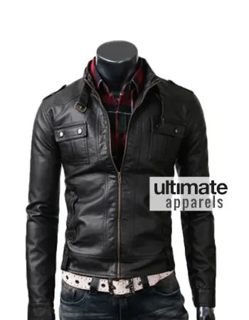 Slim Fit Men's Strap Pocket Real Black Leather Jacket