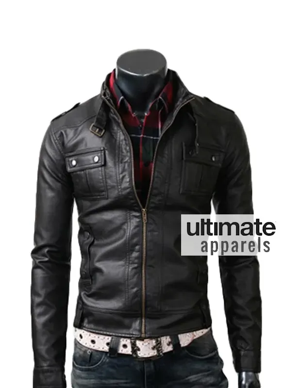 Slim Fit Men's Strap Pocket Real Black Leather Jacket Slim Fit Men's Strap Pocket Real Black Leather Jacket