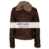 Women's Dark Brown Leather Jacket With Fur Collar 