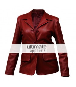 Women Dark Red Fitted Leather Blazer Short Coat