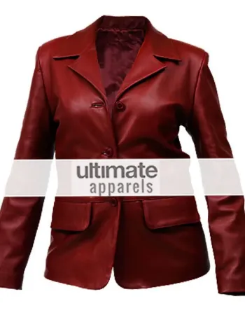 Women Dark Red Fitted Leather Blazer Short Coat