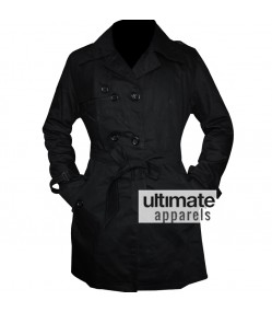 Women's Double Breasted Belted Mac Style Black Jacket