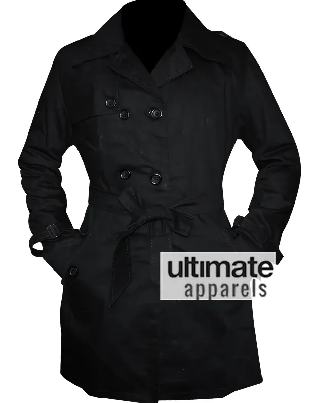 Women's Double Breasted Belted Mac Style Black Jacket Women's Double Breasted Belted Mac Style Black Jacket