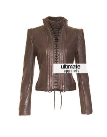 Women's Vintage Style Lace Up Brown Leather Jacket