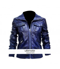 Women's Blue Bomber Leather Motorcycle Jacket
