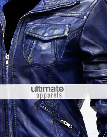 Women's Blue Bomber Leather Motorcycle Jacket