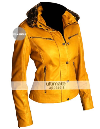 Female Yellow Leather Jacket With Fur Collar