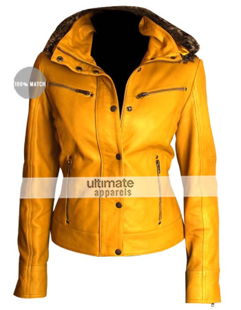 Female Yellow Leather Jacket With Fur Collar
