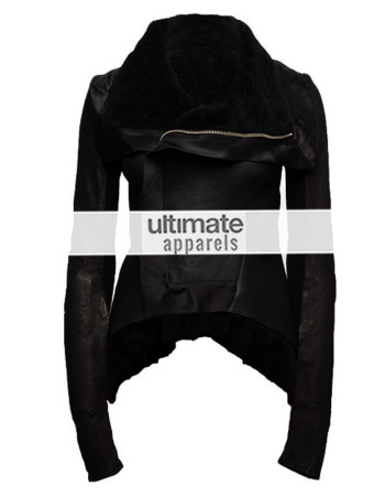 Rihanna Womens Black Shearling Asymmetrical Zipper Jacket